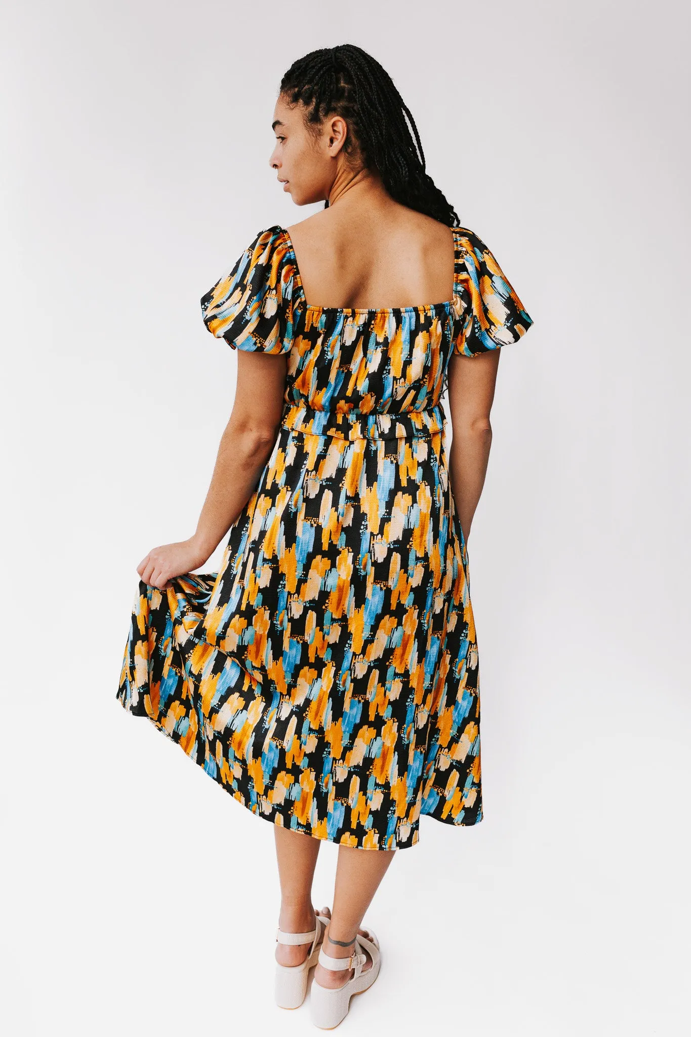 The Shields Abstract Midi Dress in Black Multi