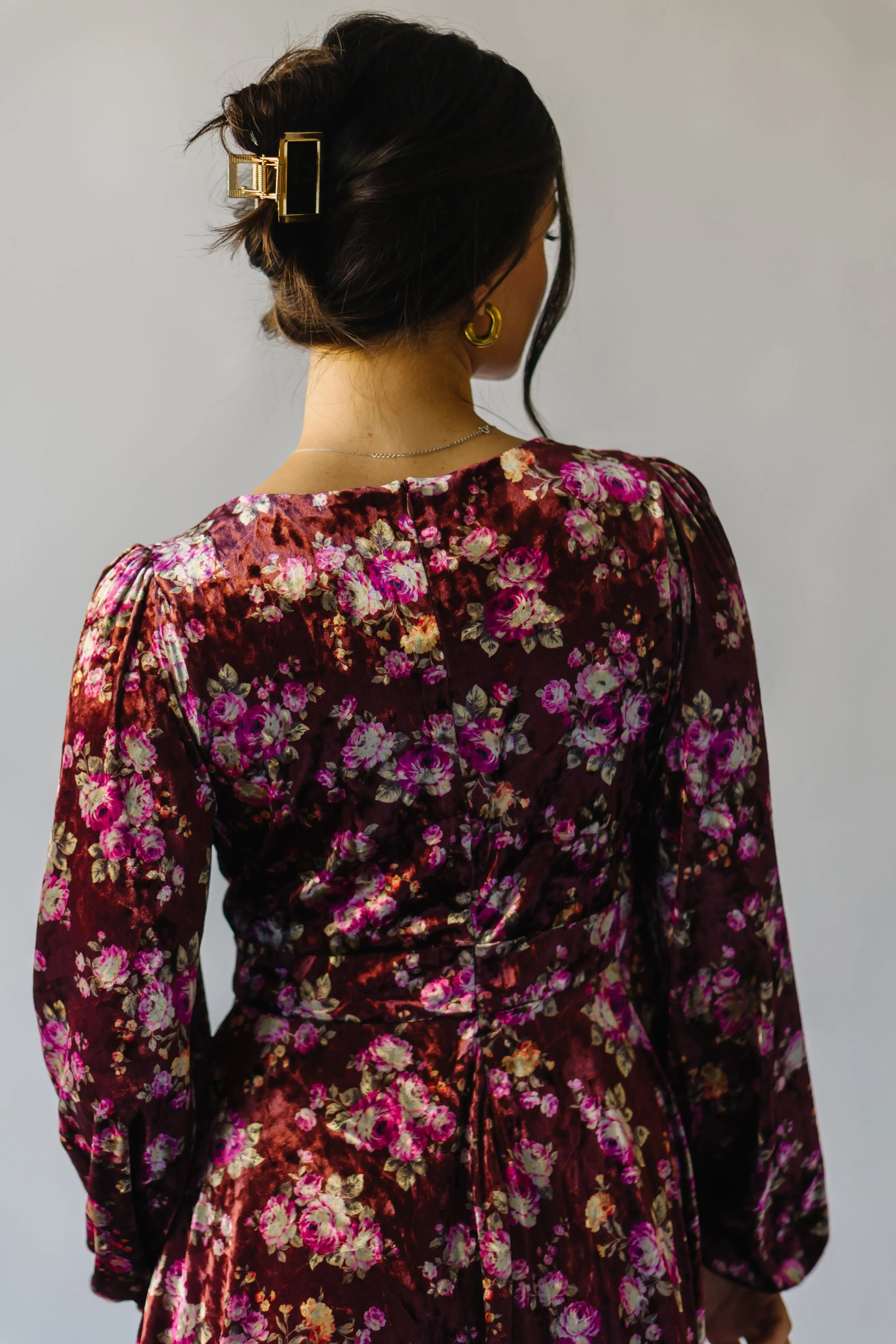 The Zaden V-Neck Velvet Floral Dress in Auburn