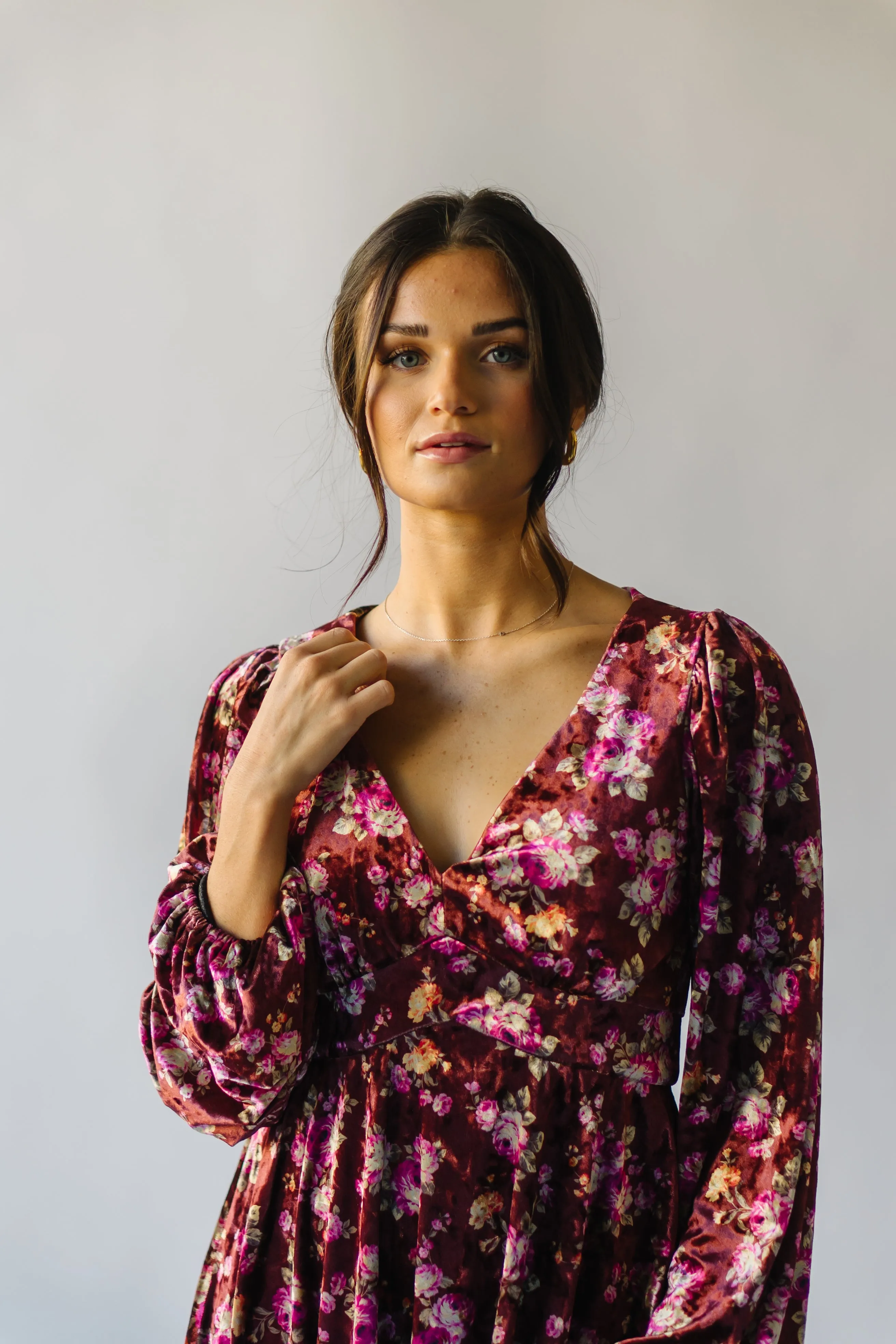 The Zaden V-Neck Velvet Floral Dress in Auburn