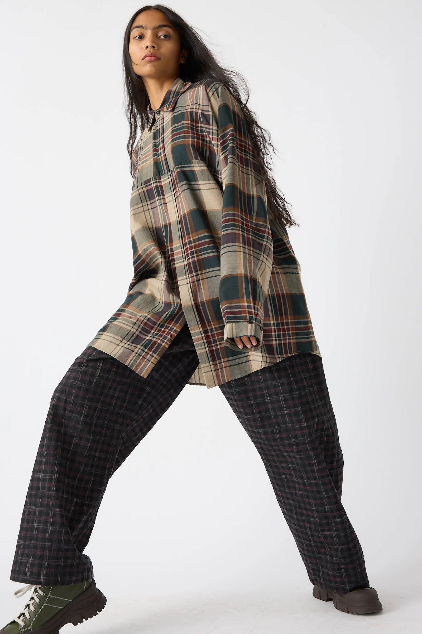 Tumbled Wool Check Trouser in Kasuri