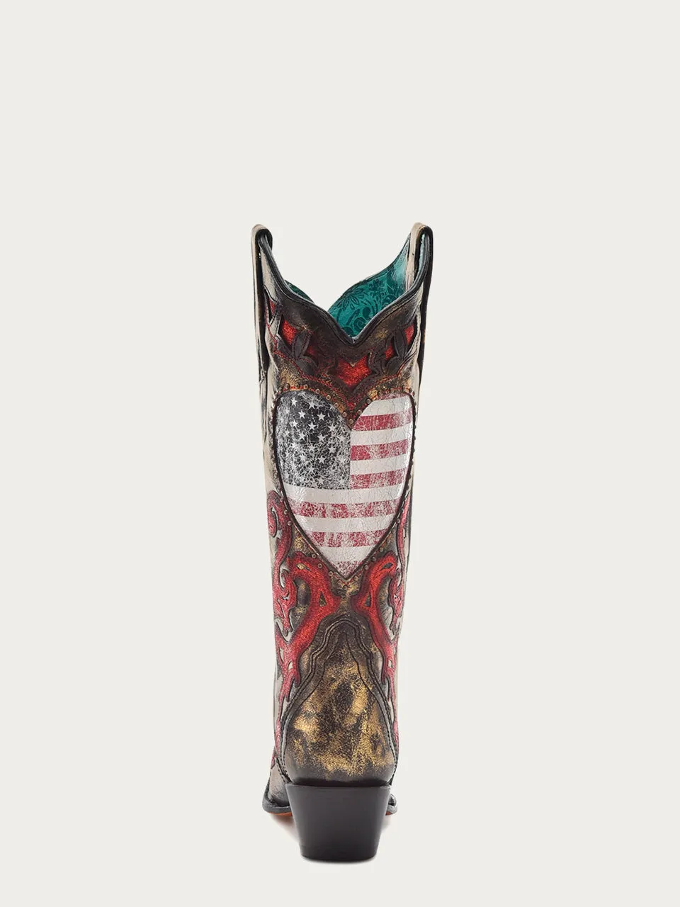 Z5236 - WOMEN'S HEART SHAPPED AMERICAN FLAG WITH STUDS, RED OVERLAY AND INLAY GOLD AND BLACK SNIP TOE COWBOY BOOT.