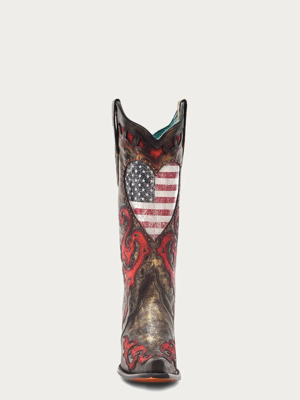 Z5236 - WOMEN'S HEART SHAPPED AMERICAN FLAG WITH STUDS, RED OVERLAY AND INLAY GOLD AND BLACK SNIP TOE COWBOY BOOT.