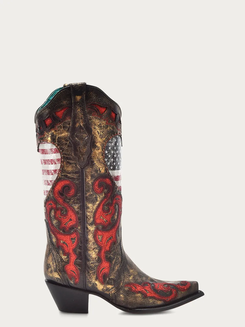 Z5236 - WOMEN'S HEART SHAPPED AMERICAN FLAG WITH STUDS, RED OVERLAY AND INLAY GOLD AND BLACK SNIP TOE COWBOY BOOT.